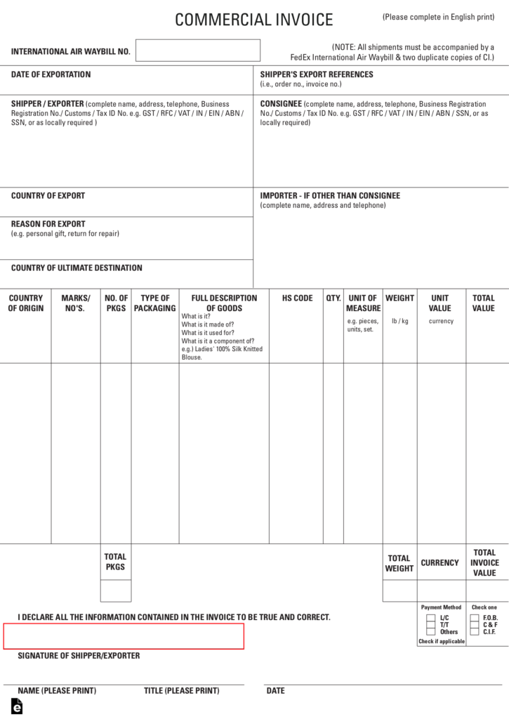 Free International Commercial Invoice Templates PDF EForms
