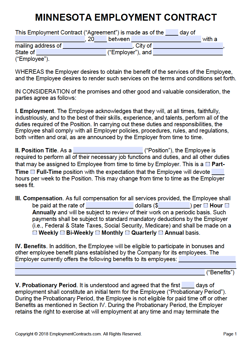 Free Minnesota Employment Contract Template PDF Word