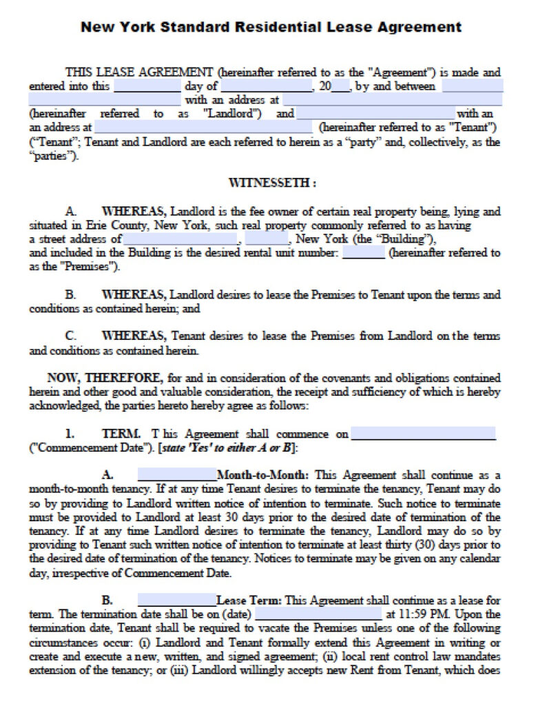 Free New York Standard Residential Lease Agreement Template PDF Word