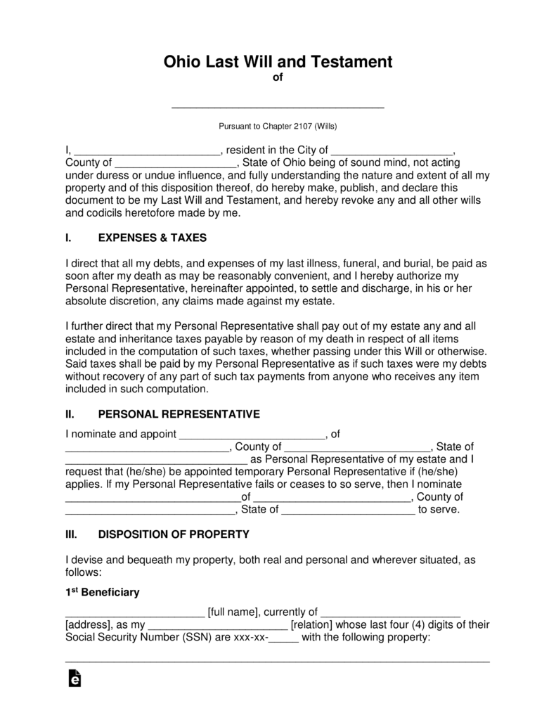 Free Ohio Last Will And Testament Template PDF Word EForms