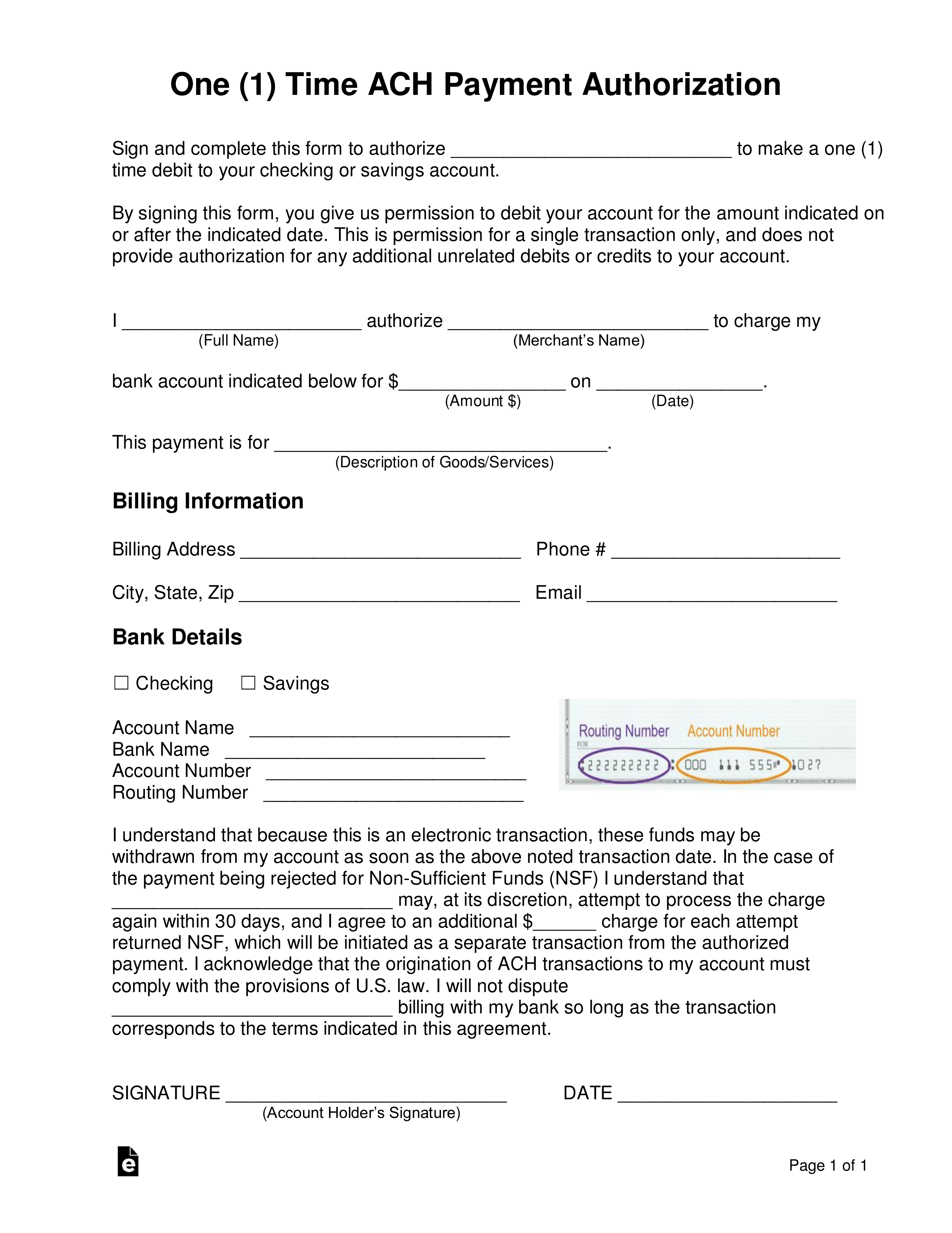 Free One 1 Time ACH Payment Authorization Form Word PDF EForms