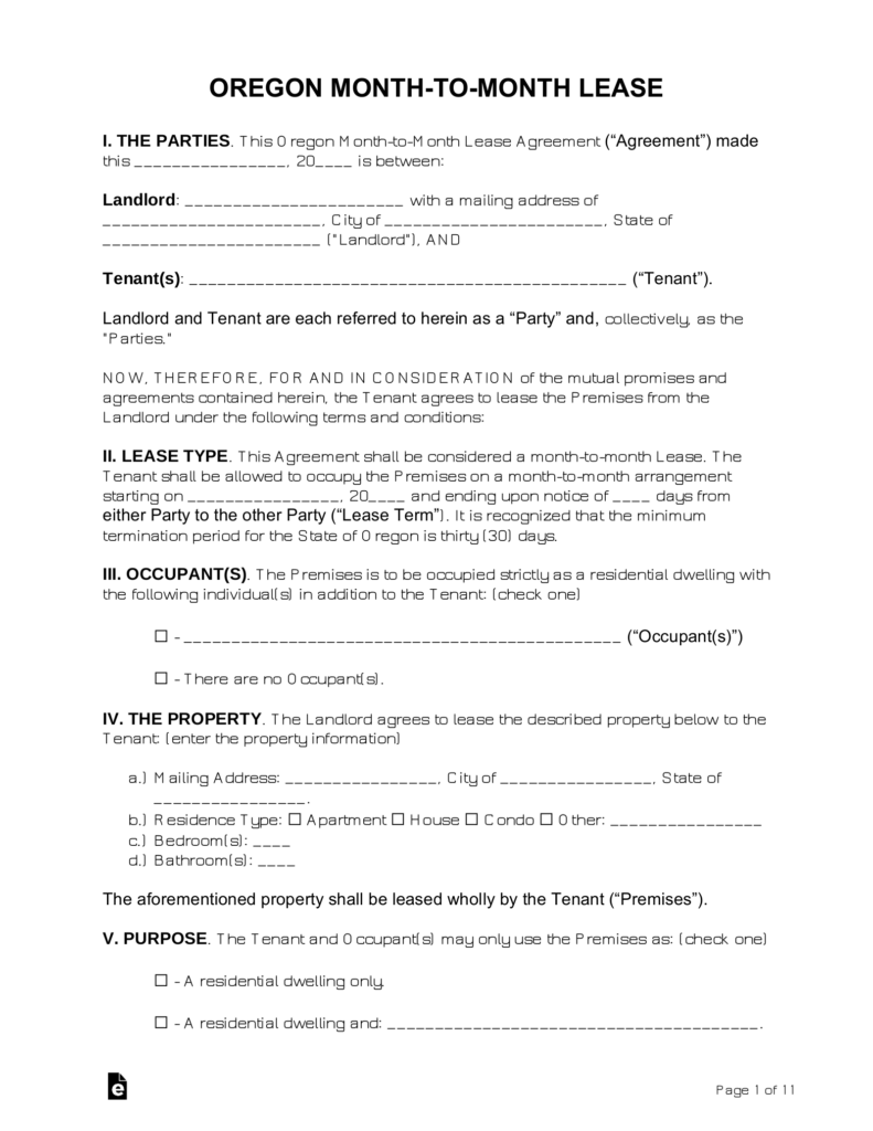 Free Oregon Month to Month Rental Agreement Word PDF EForms