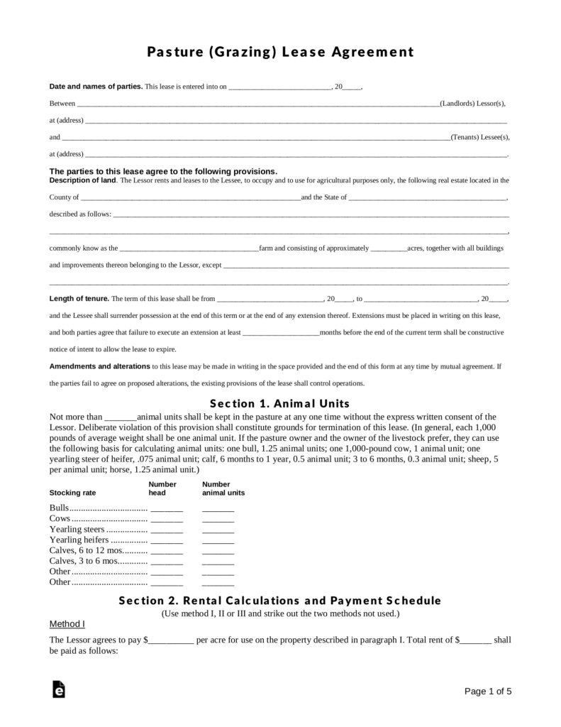 Free Pasture Grazing Rental Lease Agreement Template PDF Word