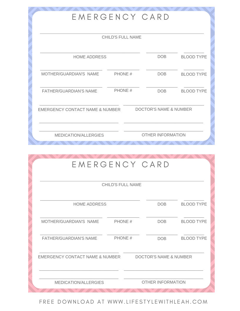Free Printable Emergency Cards For Your Kids In Case Of Emergency 