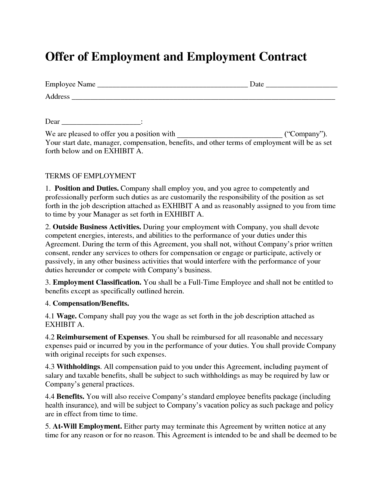 Free Printable Employment Contract Sample Form GENERIC 