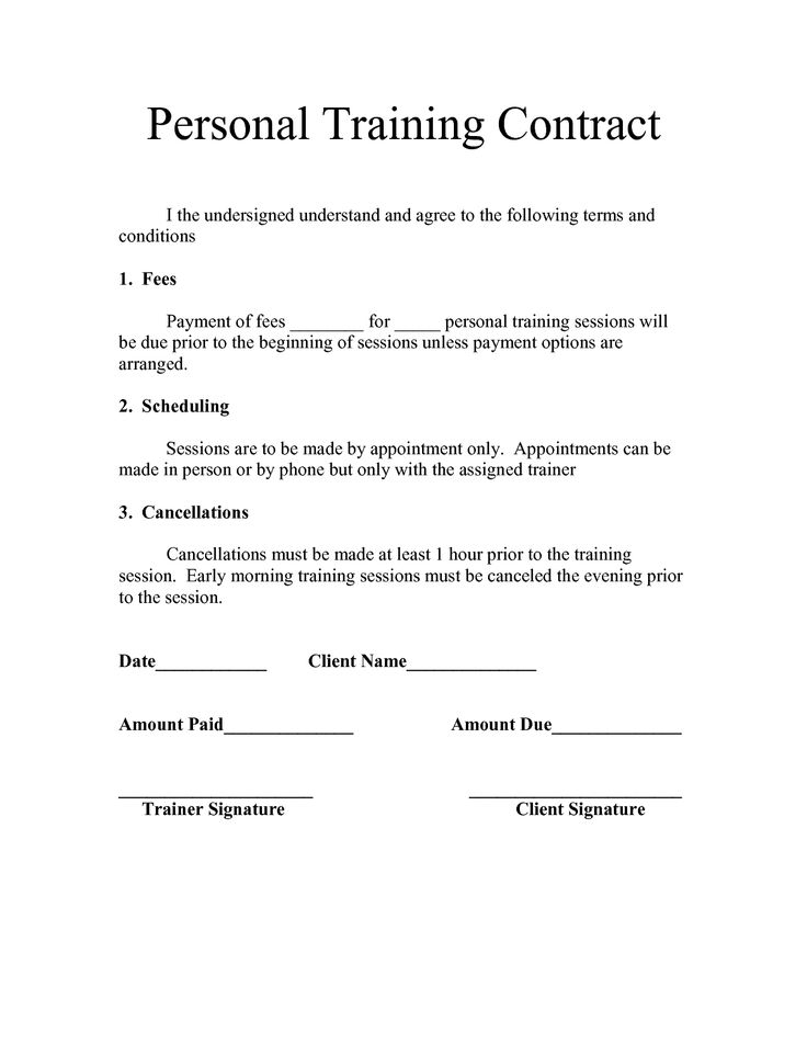 Free Printable Personal Trainer Contract Form GENERIC