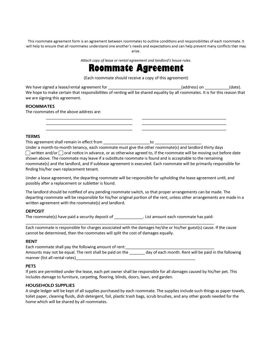 Free Printable Roommate Rental Agreement Free Printable