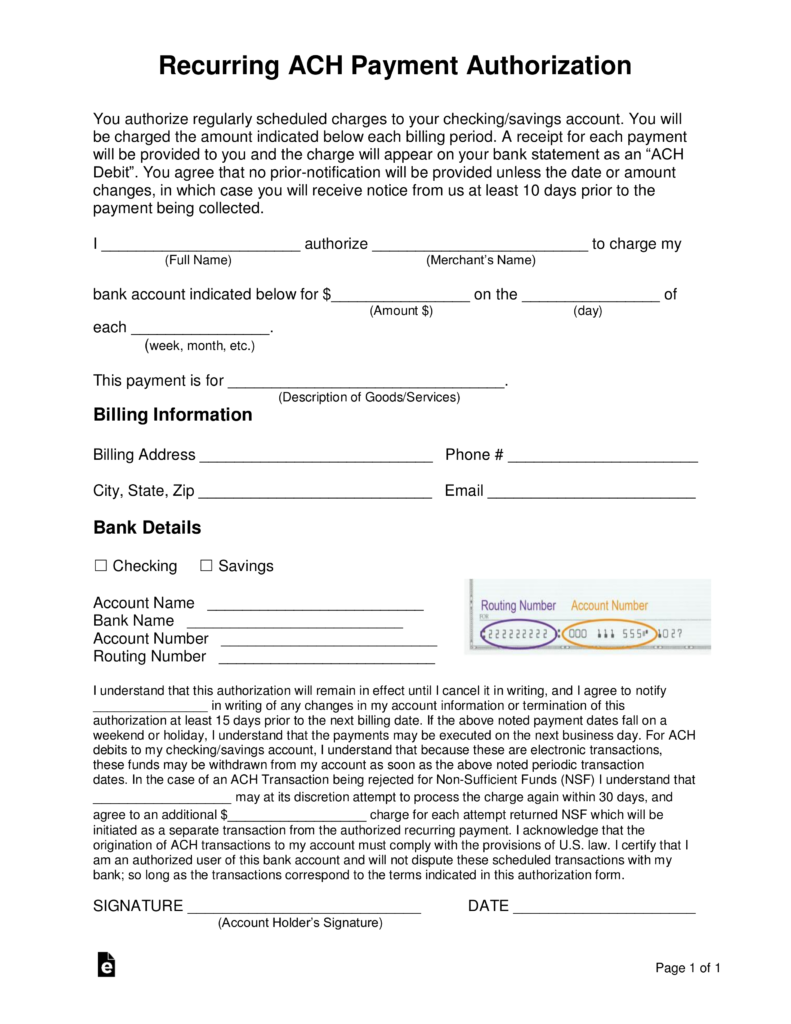 Free Recurring ACH Payment Authorization Form Word PDF EForms