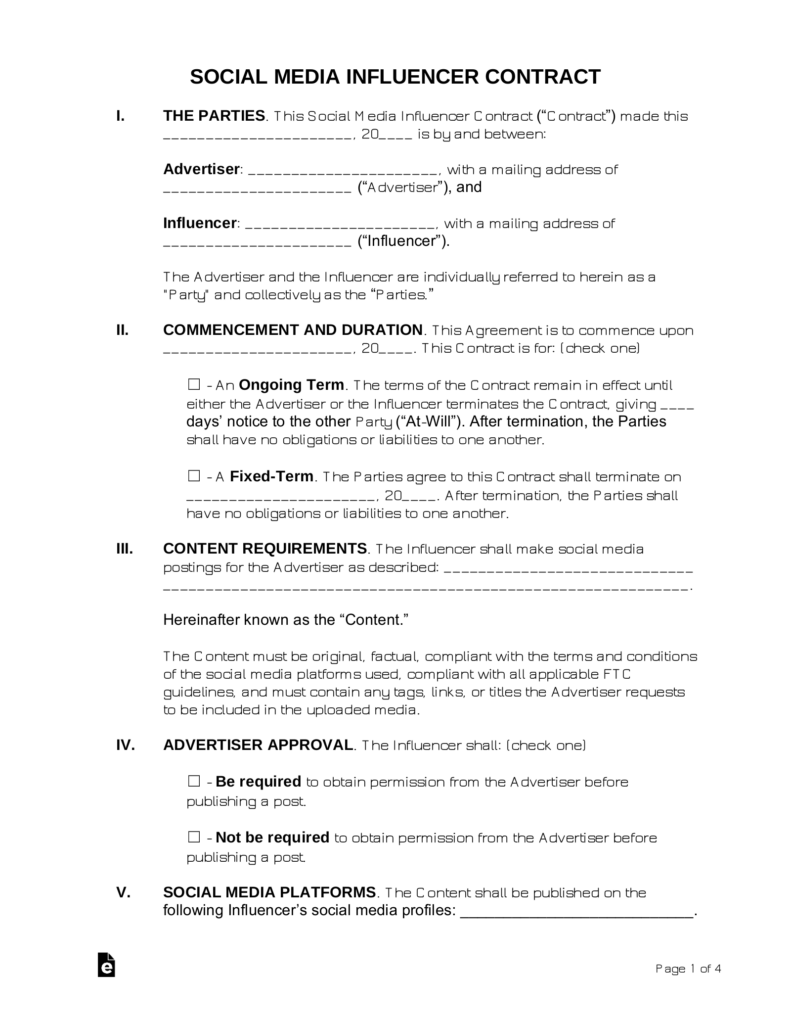 Free Social Media Influencer Contract Template Sample Word PDF