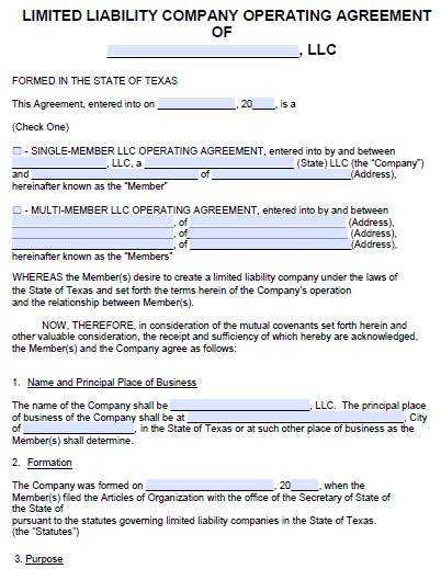 Free Texas LLC Operating Agreement Template PDF Word