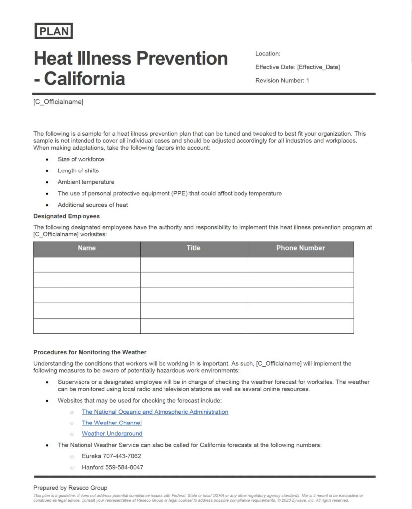 Heat Illness Prevention Plan California Resec