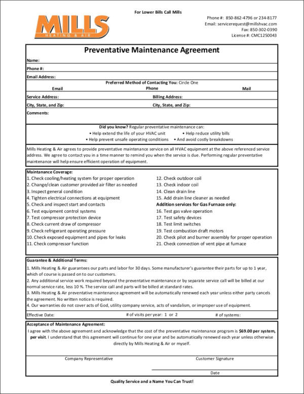 Hvac Preventive Maintenance Agreement Template Collection
