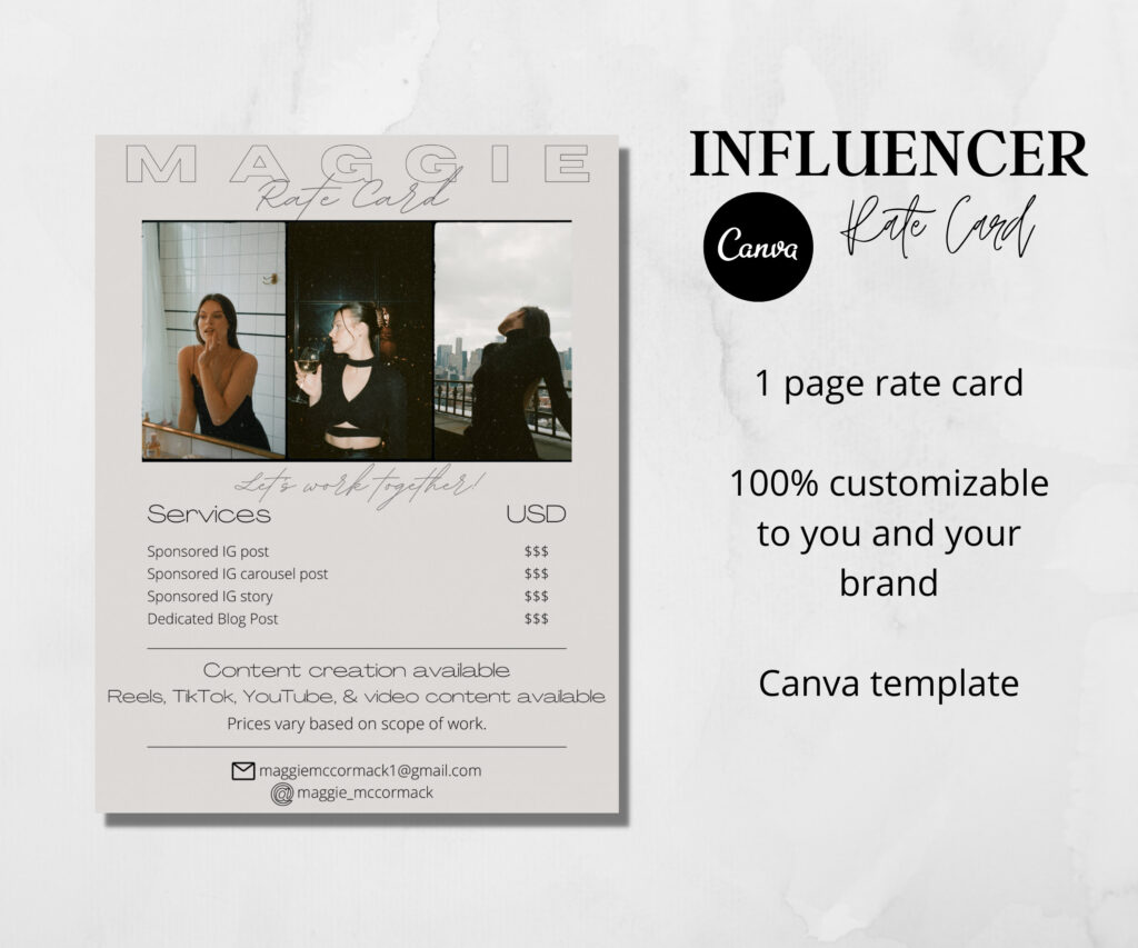 Influencer Rate Card Template 1 Page Rate Card Canva Etsy