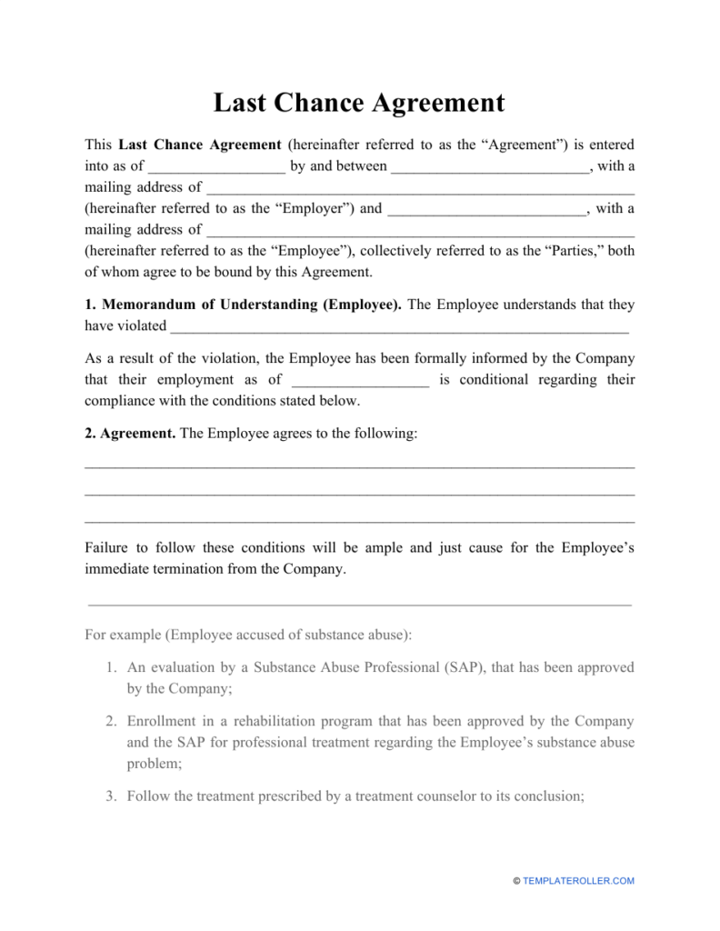 Last Chance Agreement Template Download Printable PDF Templateroller
