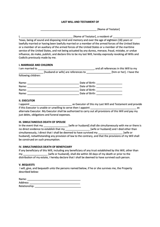Last Will And Testament Form Texas Printable Pdf Download