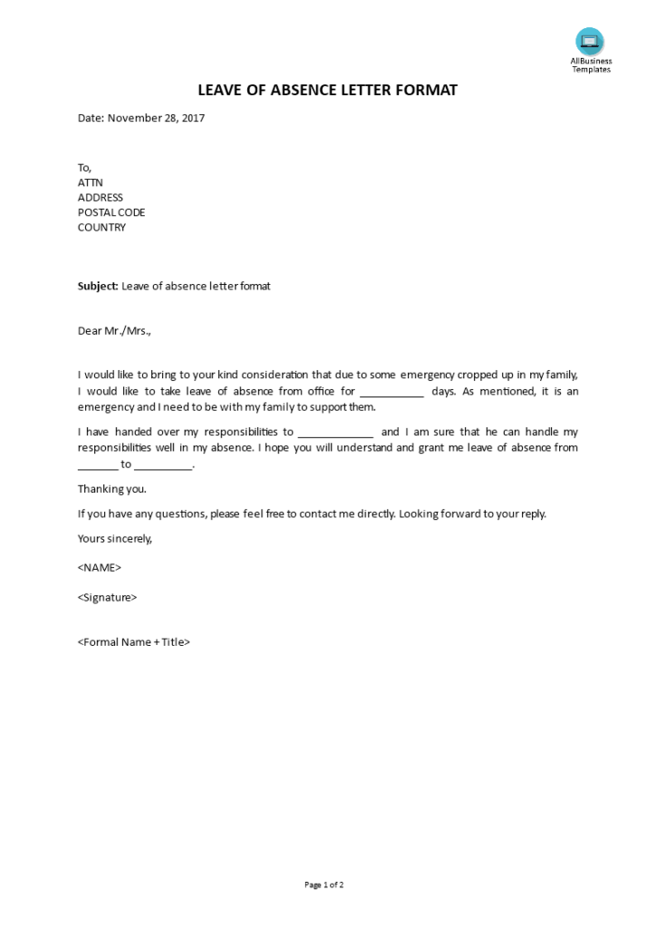 Leave Of Absence Letter Format Templates At Allbusinesstemplates