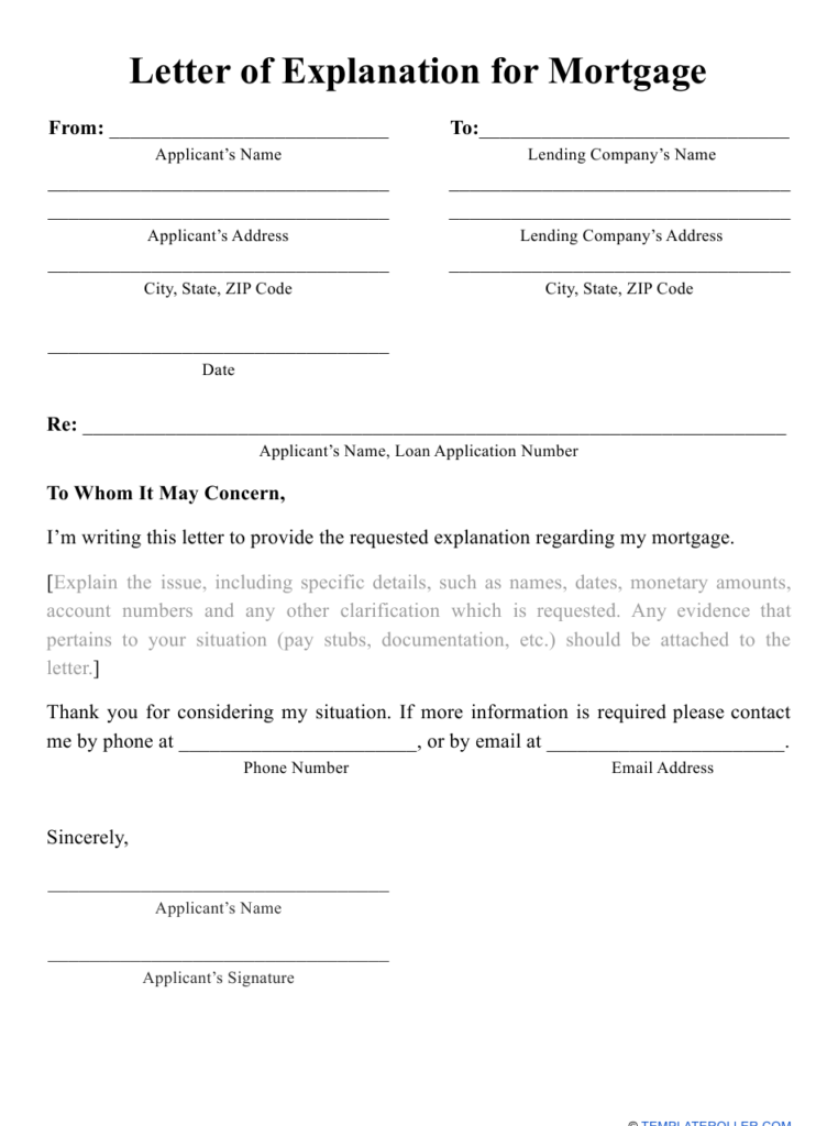 Letter Of Explanation For Mortgage Template Download Printable PDF
