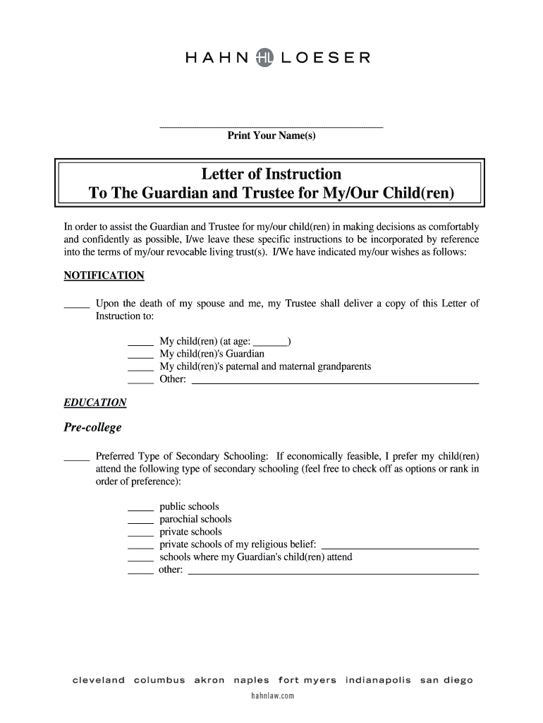 Letter Of Instruction Upon Death Template Fill Online Printable