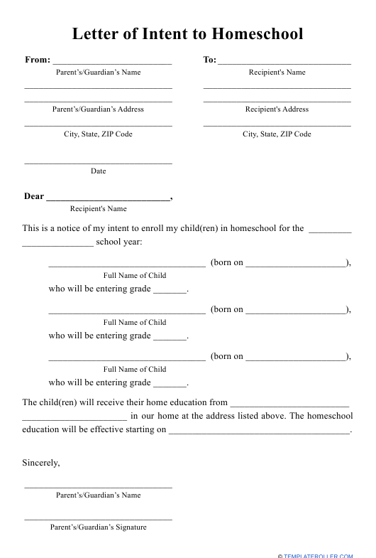 Letter Of Intent To Homeschool Template Download Printable PDF 