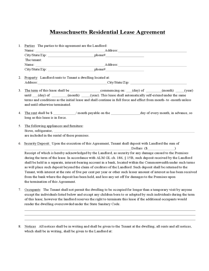 Massachusetts Standard Residential Lease Agreement Form Free Download