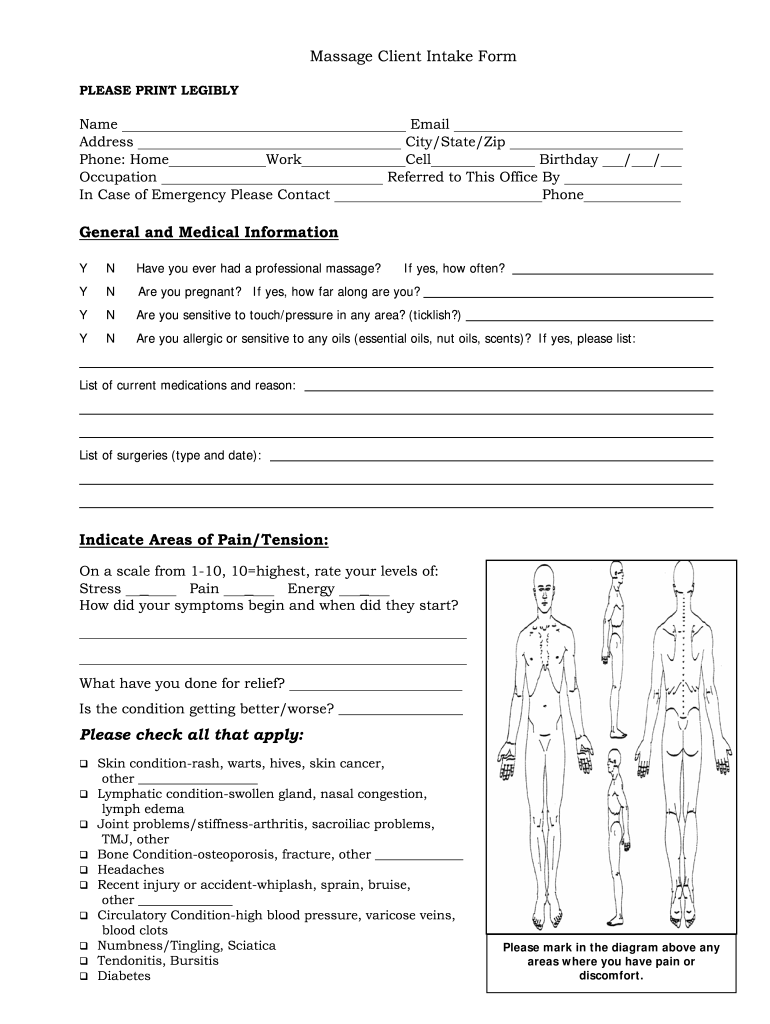 Massage Intake Form Word Doc Fill Online Printable Fillable Blank 
