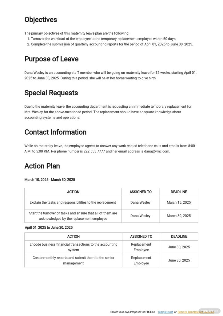 Maternity Leave Plan Template Free PDF Google Docs Word Template