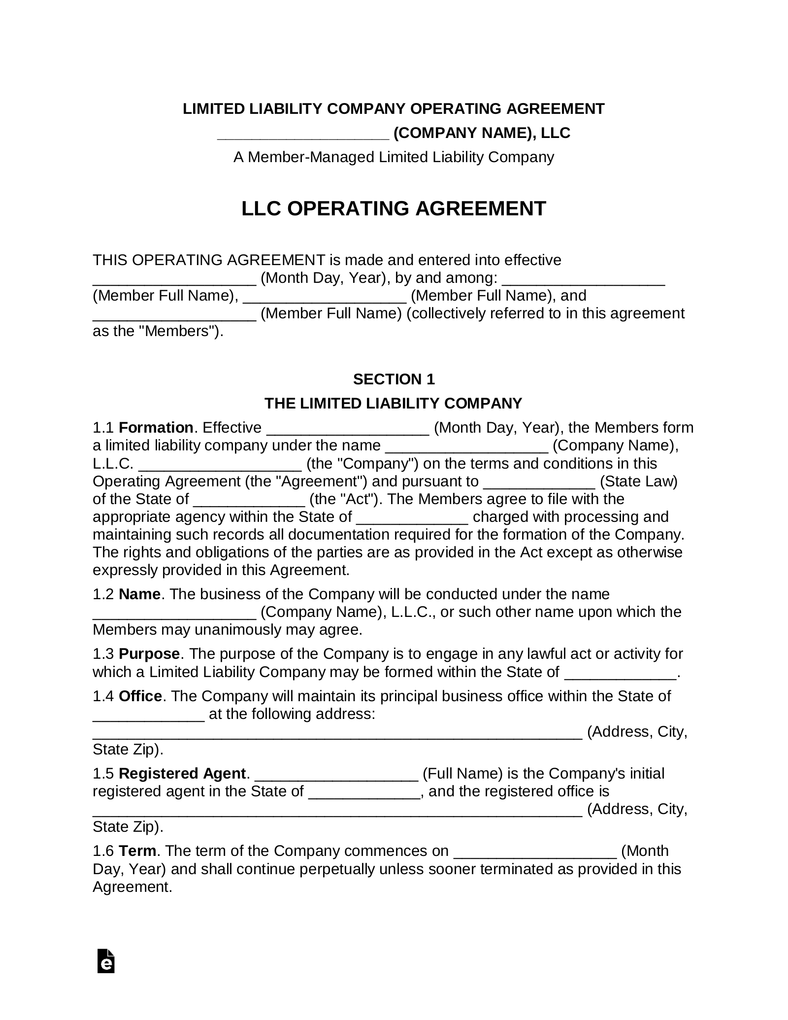 Multi Member LLC Operating Agreement Template EForms