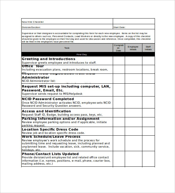 New Hire Checklist Template 18 Free Word Excel PDF Documents