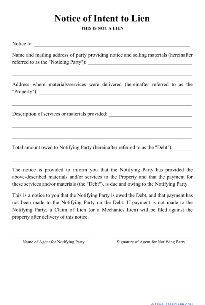 Notice Of Intent To Lien Download Printable PDF Templateroller