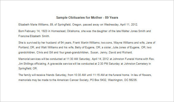 Obituary Template For Mother 12 Free Word Excel PDF Format 