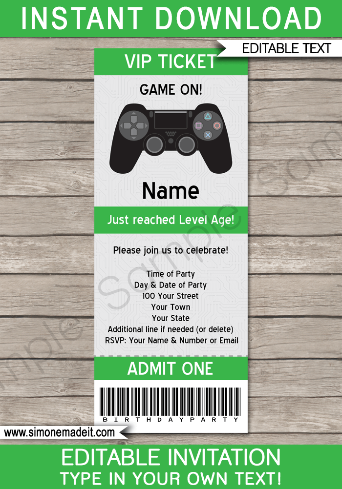 Playstation Party Ticket Invitation Template Green Video Game Party