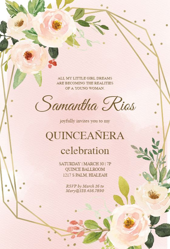 Polygonal Frame And Flowers Quincea era Invitation Template 