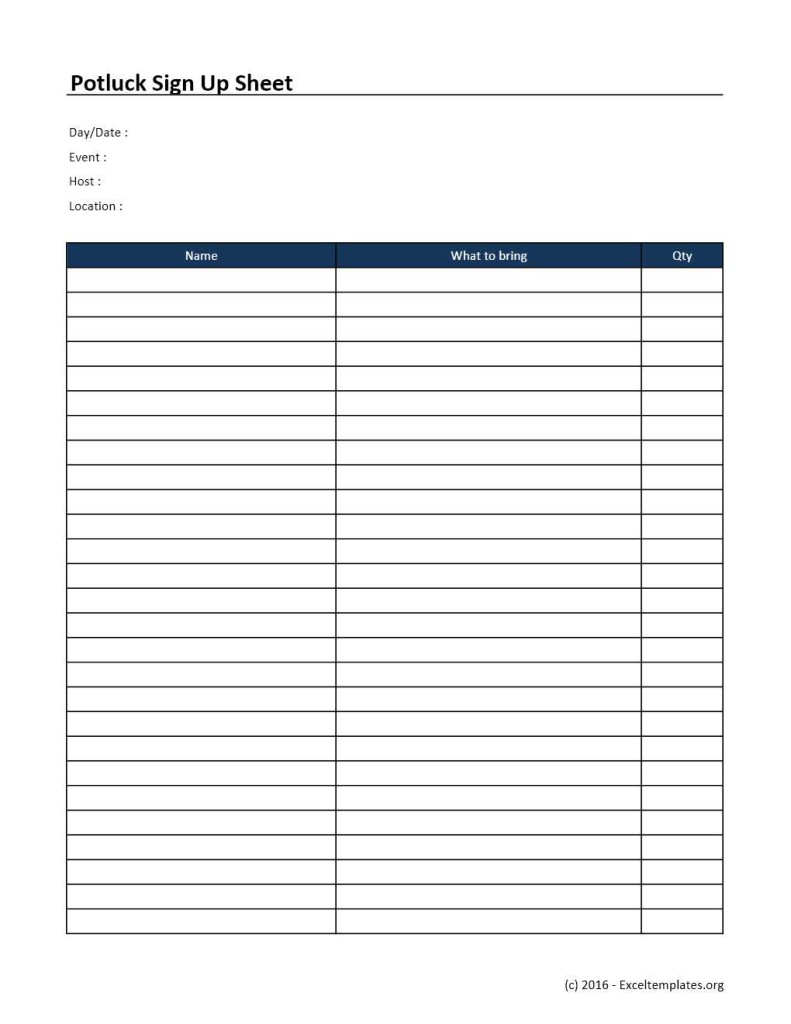 Potluck Sign Up Sheet Template EXCELTEMPLATES
