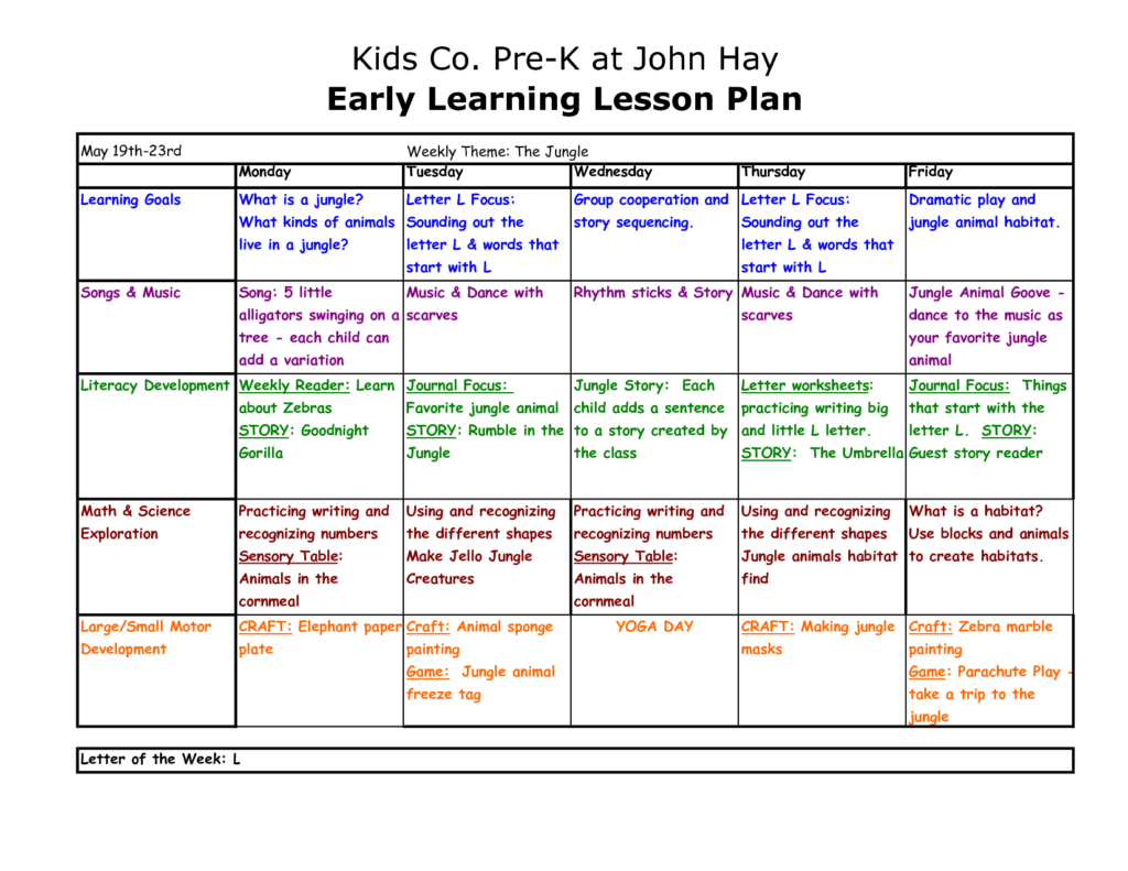 Preschool Lesson Plan Template Copy Of Pre K At John Hay Lesson Plan
