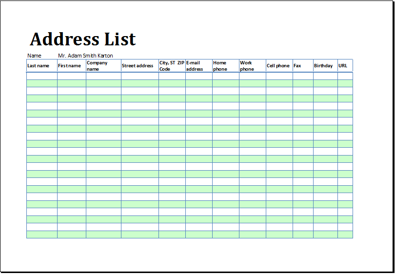 Printable Address List Book Template For MS Excel Excel Templates