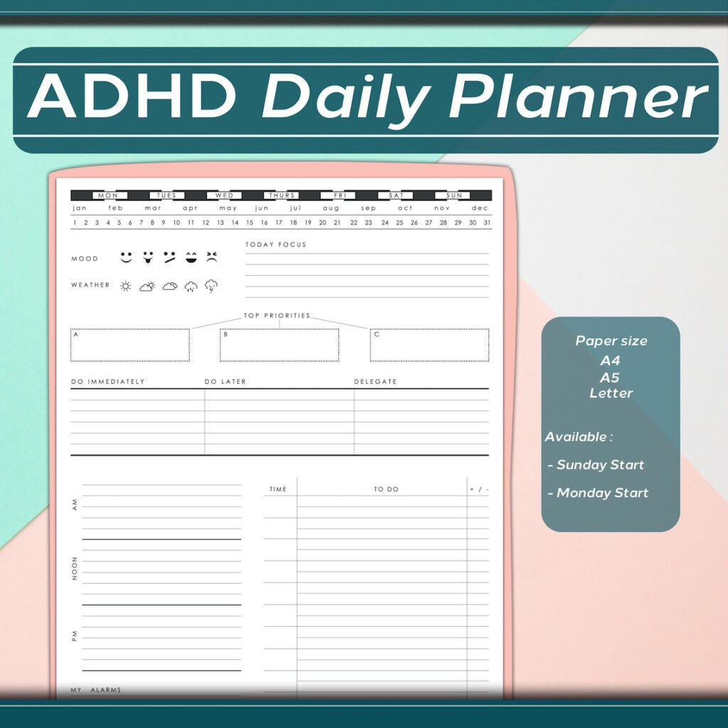 Printable ADHD Daily Planner In Various Different Sizes Etsy