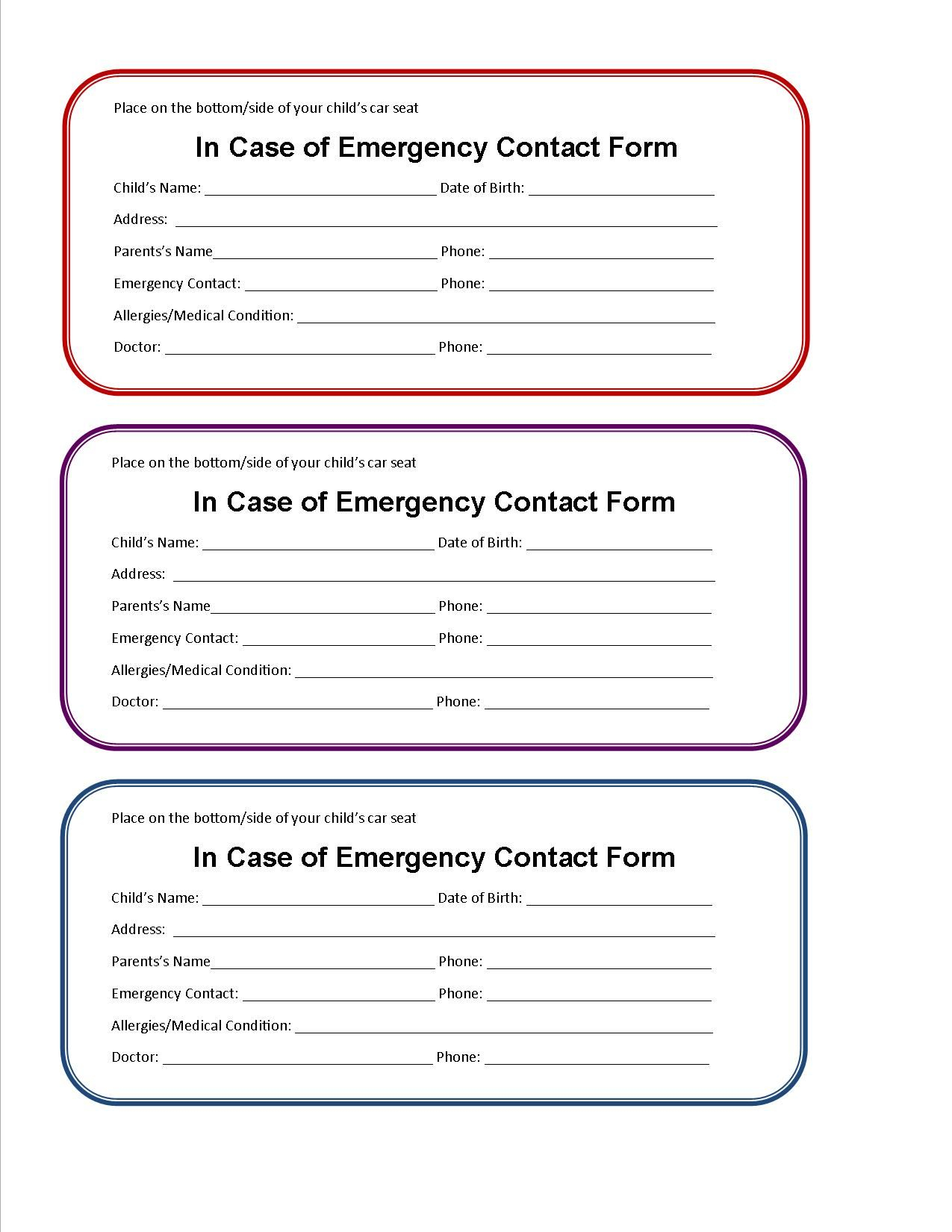 Printable Emergency Contact Form If You Were In An Accident And 