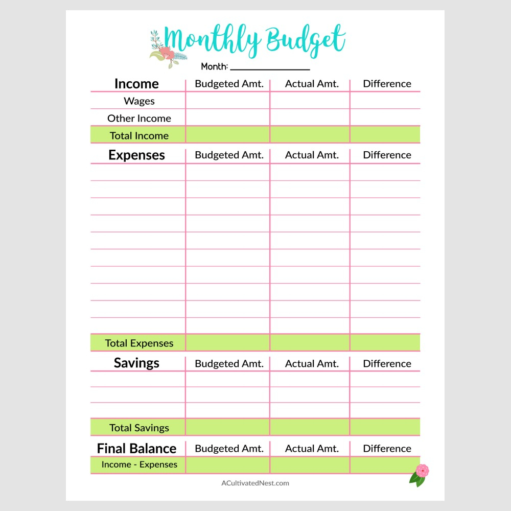 Printable Monthly Budget Template A Cultivated Nest