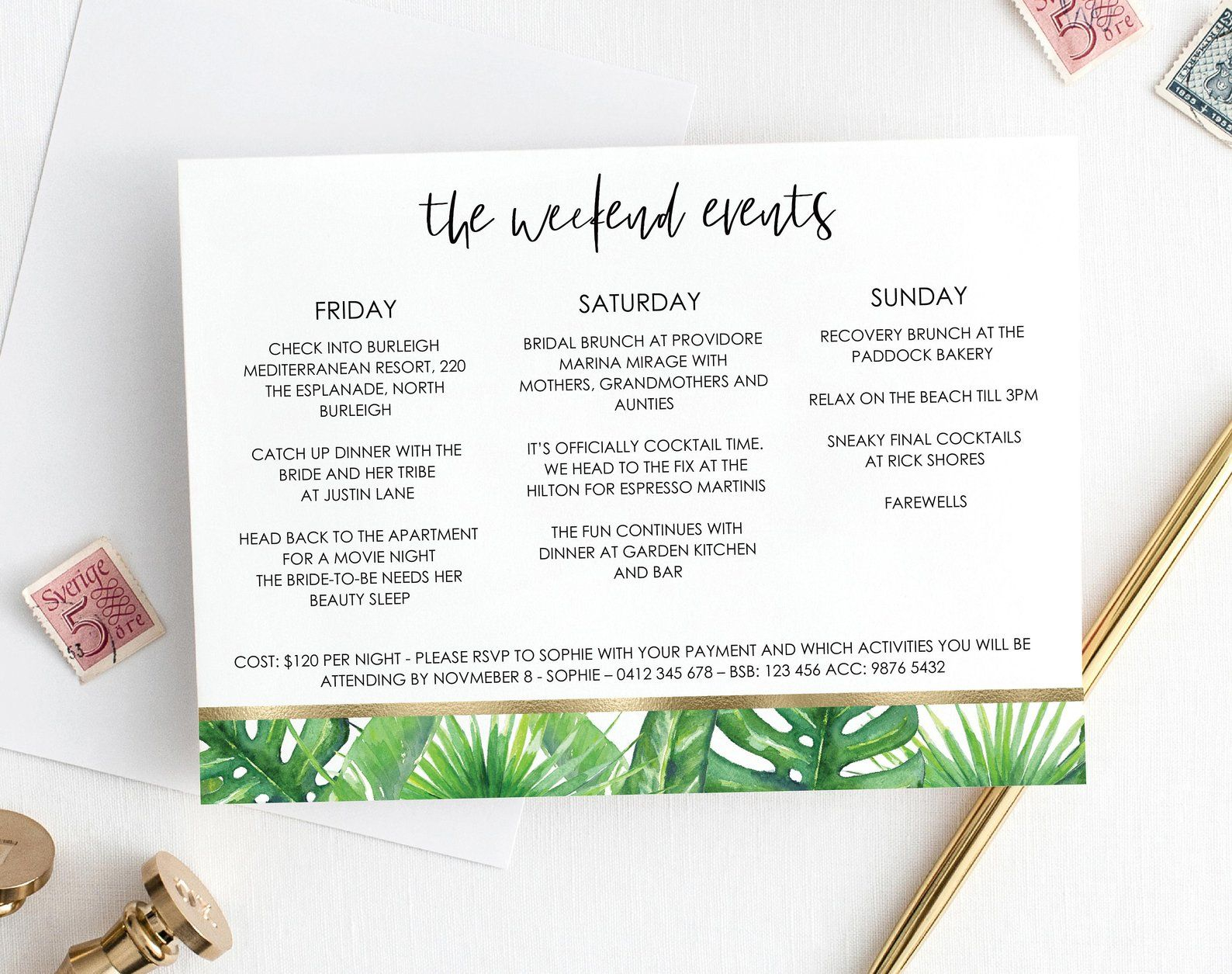 Printable Tropical Greenery Bachelorette Itinerary Template Etsy In