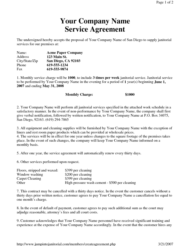 Sample Janitorial Contract Free Printable Documents