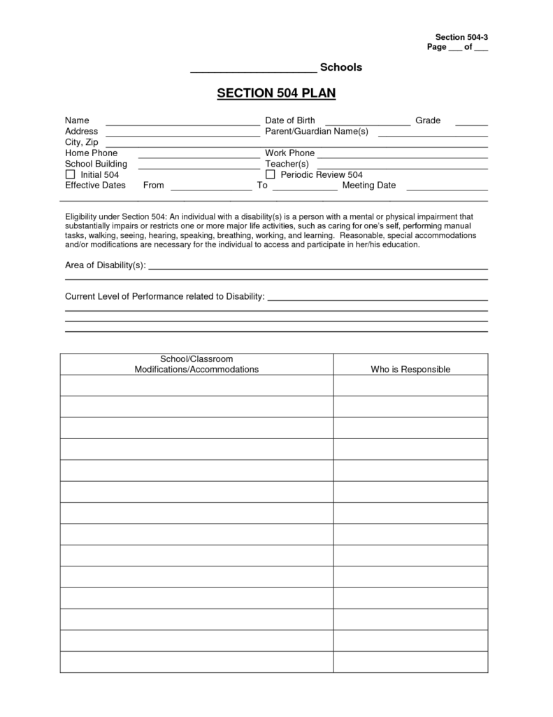 Section 504 3 Plan Form Sample 504 Plan How To Plan Simple Business