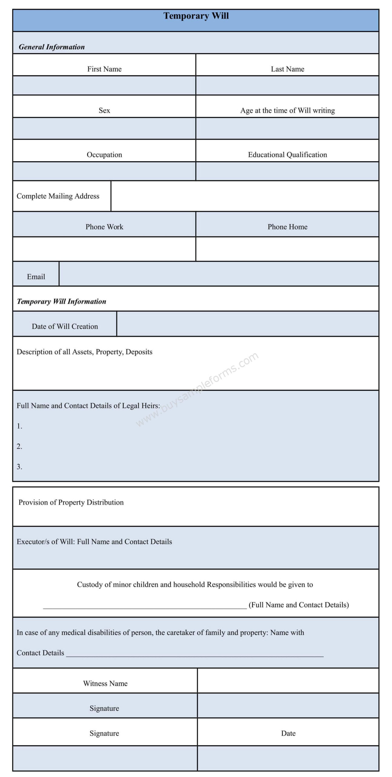 Temporary Will Form Sample Template Buy Sample Forms Online Form