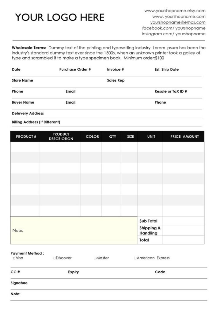 Wholesale Order Form Order Form Template Word Template Purchase