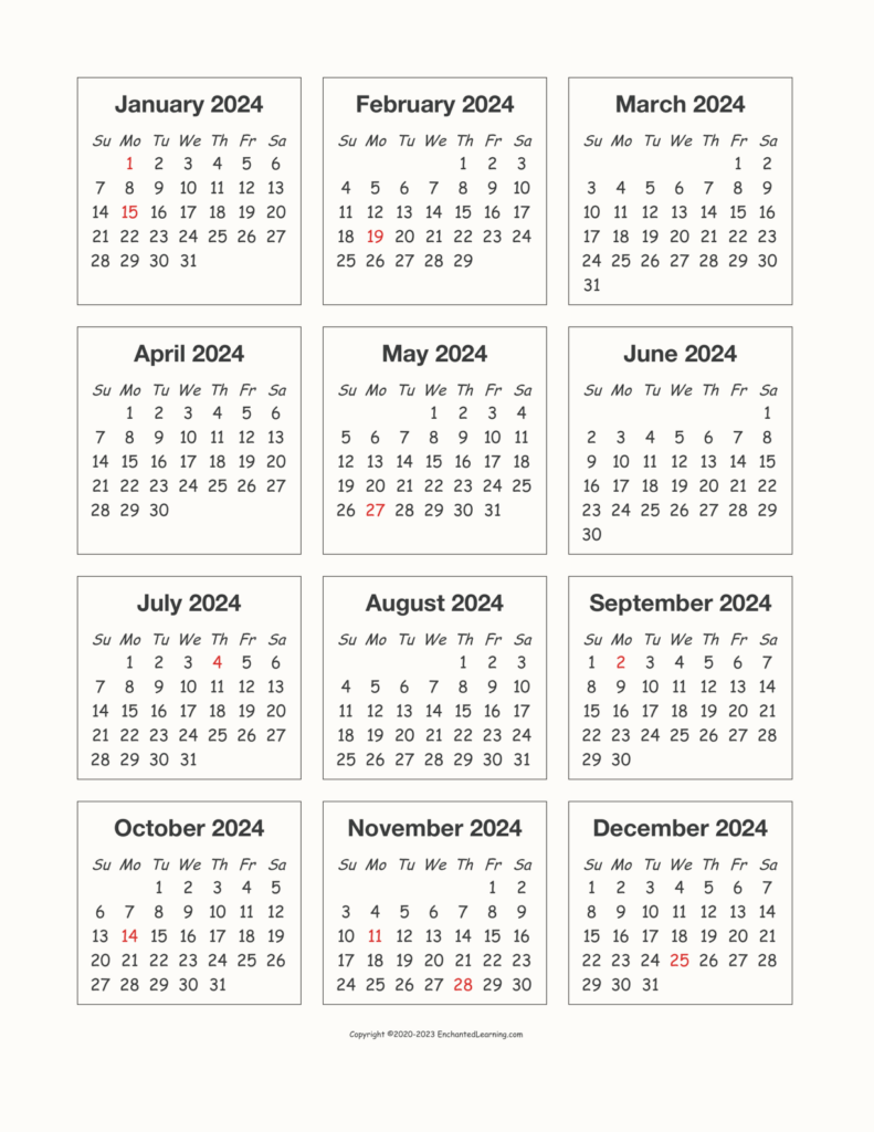 2024 Yearly Calendar Printable One Page Printable Calendar