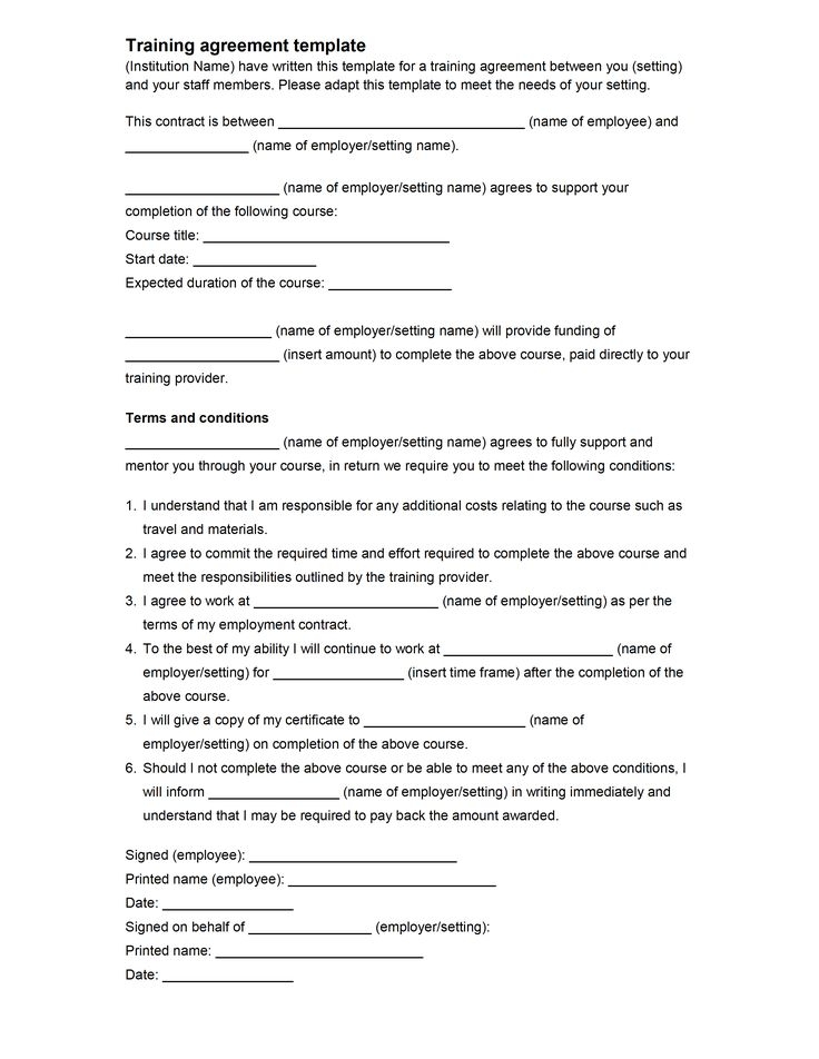 A Sample Training Agreement For Employees