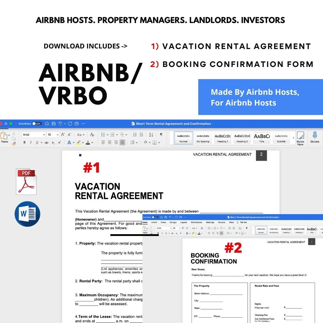 Airbnb VRBO Rental Agreement Booking Confirmation Form Etsy