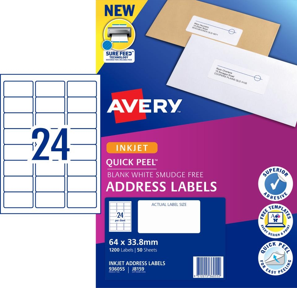 Avery Address Labels With Quick Peel For Inkjet Printers 64 X 33 8mm