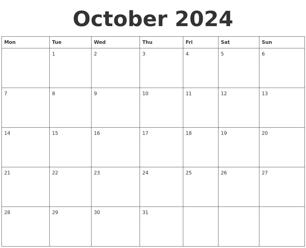Blank Calendar October 2024 Printable Calendar 2024 Ireland Printable