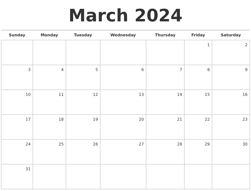 Blank March Calendar 2024 Printable Blank Printable