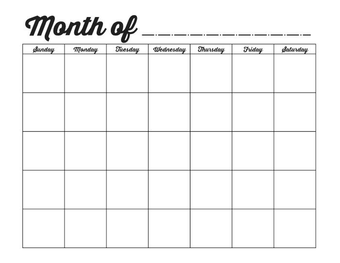 Blank Monthly Calendar Free Printable Blank Monthly Calendar Kali